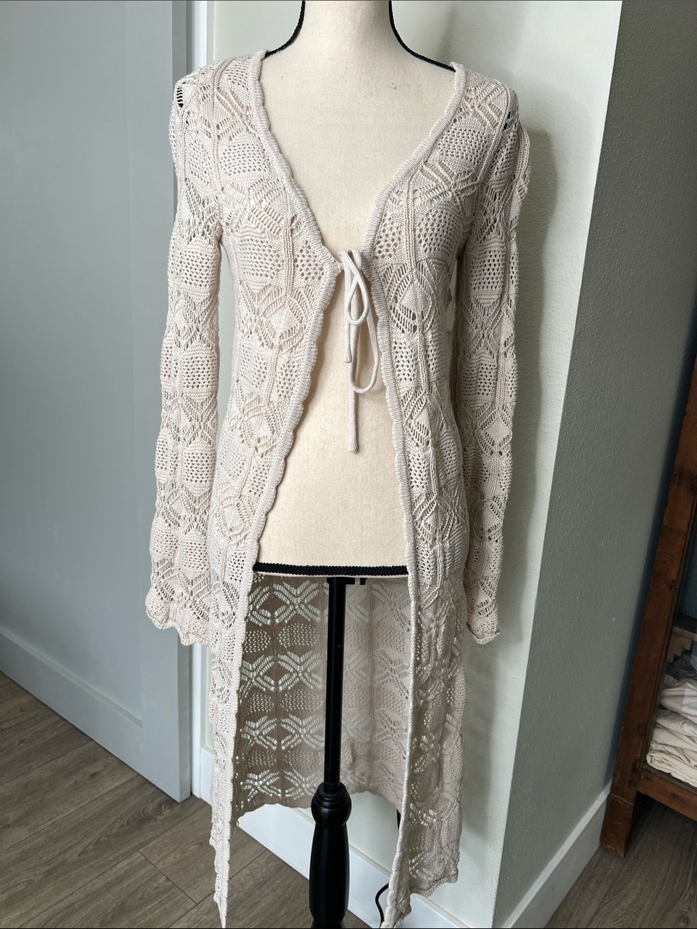 Hippie Rose Cream Crochet Knit Longline Cardigan Tie Front Bell Sleeve Duster
